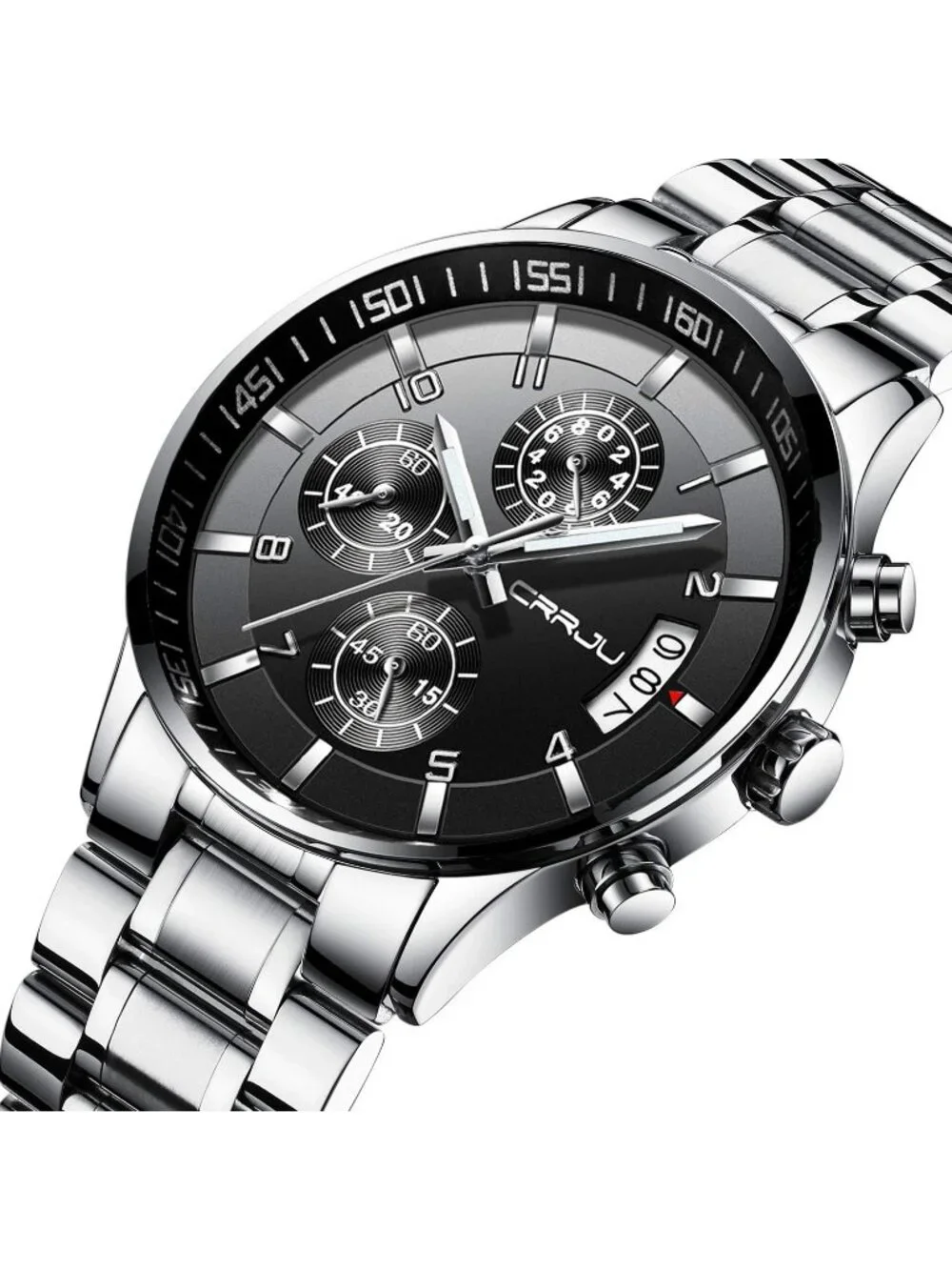 Men's Silver And Black Analog Stainless Steel Waterproof Chronograph Wrist Watch